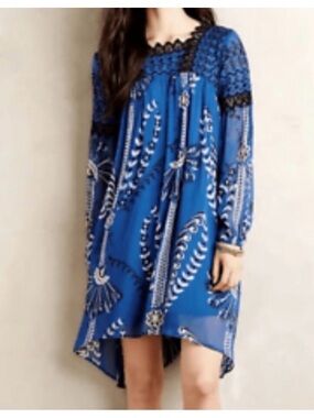 Anthropologie Blue and Black Floral Mini Dress